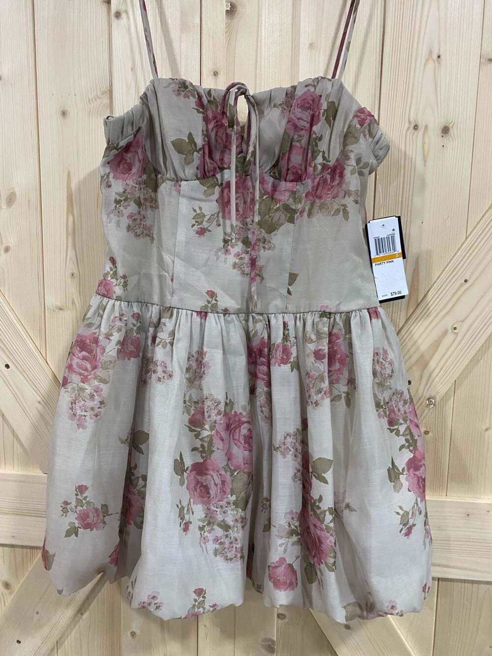 Seni & Cade Rose-Print Bubble-Hem Mini Dress Size S Taupe Pink